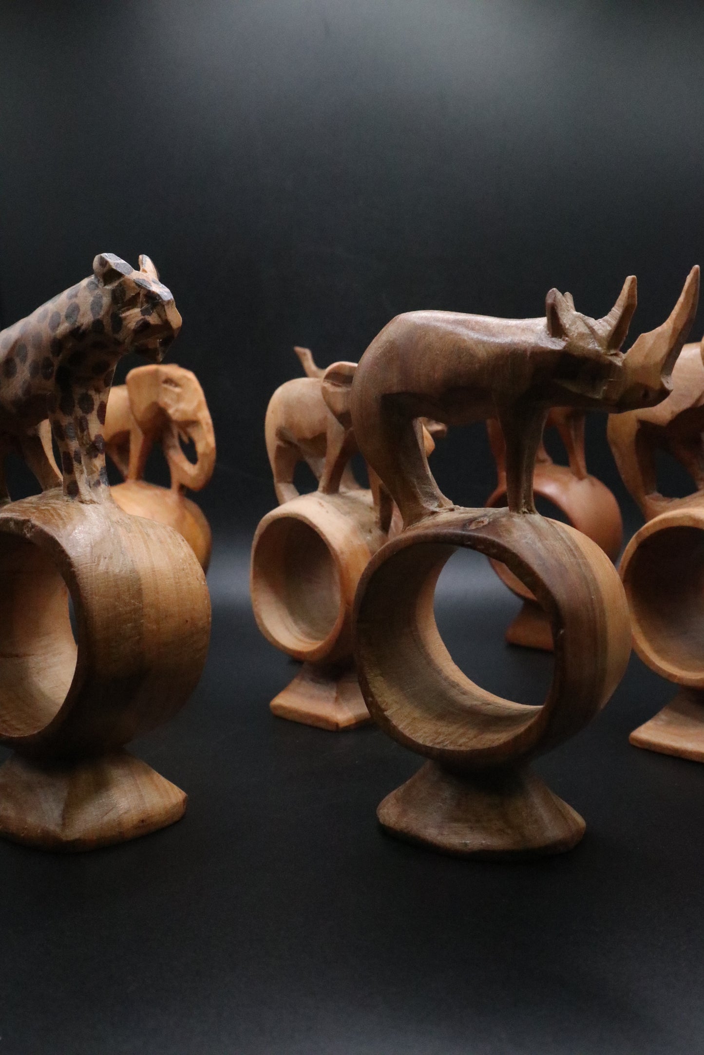 HAND CARVED WOODEN ANIMAL NAPKIN RINGS KENYA SET OF 7