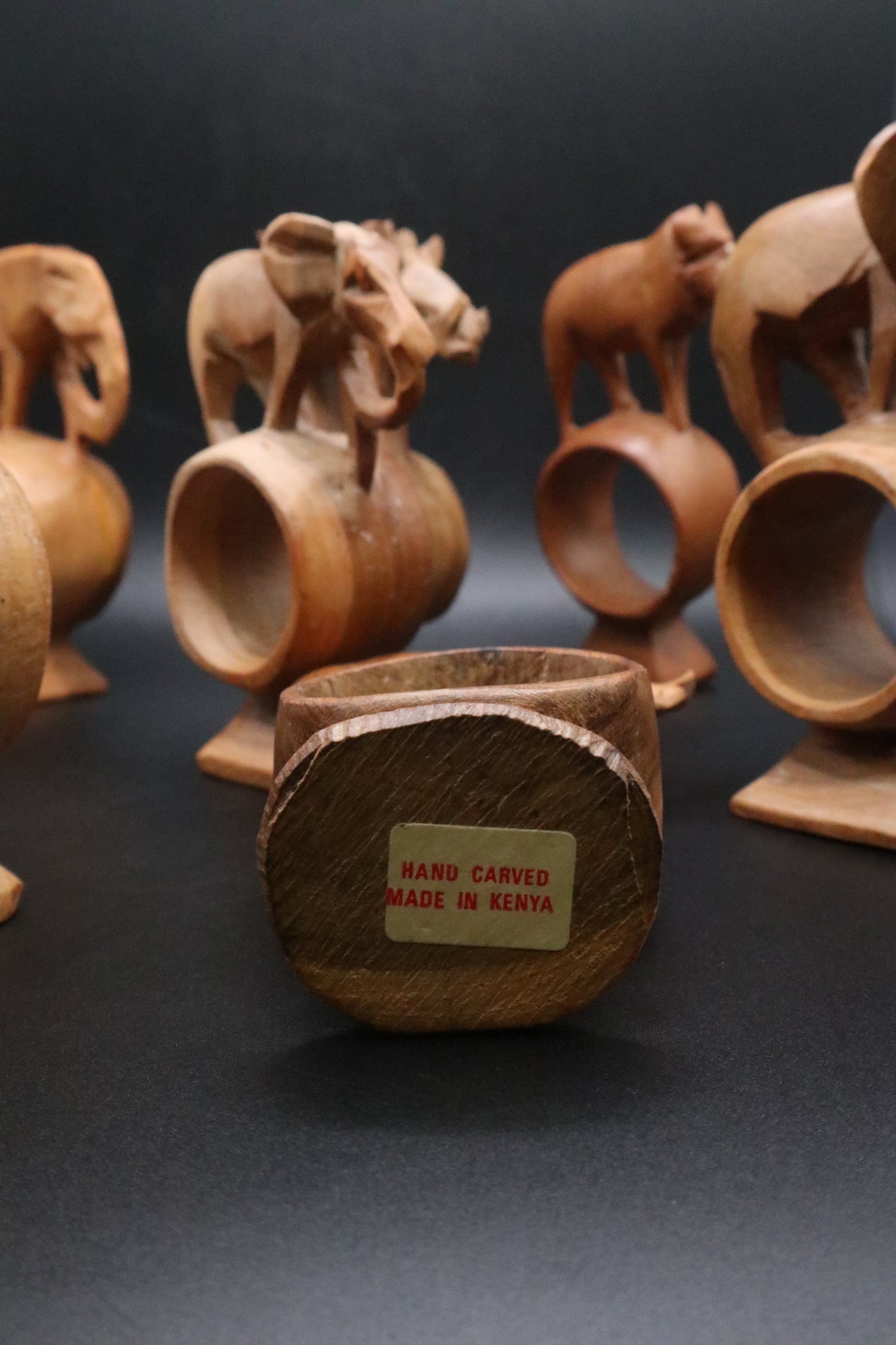 HAND CARVED WOODEN ANIMAL NAPKIN RINGS KENYA SET OF 7
