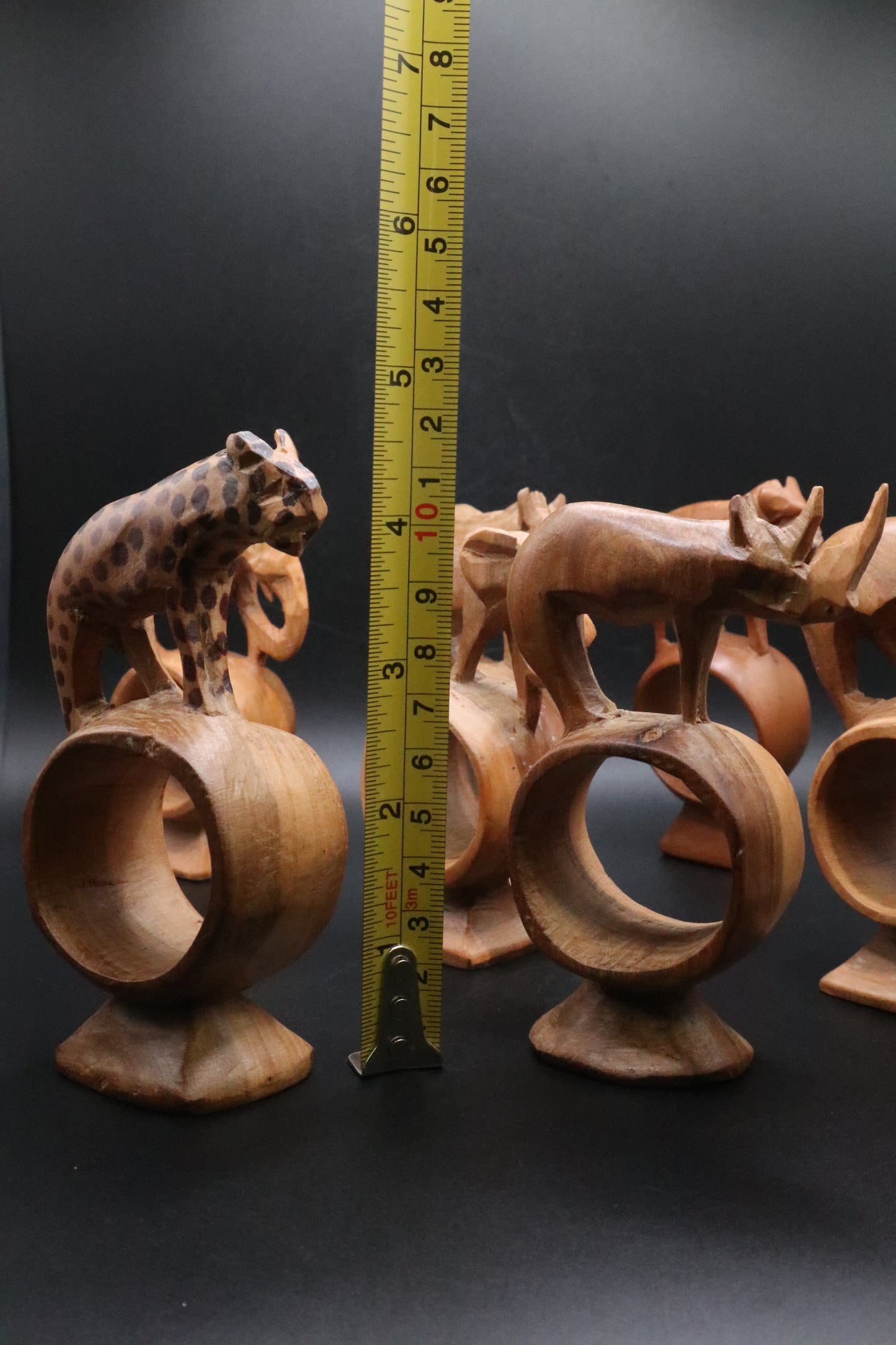 HAND CARVED WOODEN ANIMAL NAPKIN RINGS KENYA SET OF 7