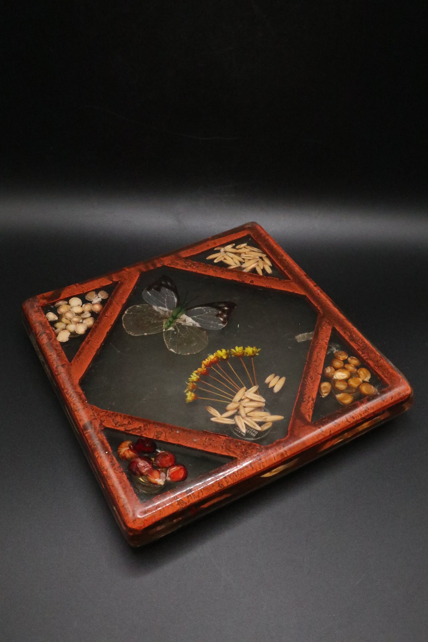 VINTAGE 1970'S LUCITE RESIN TRIVET BUTTERFLY GARDEN POT HOLDER