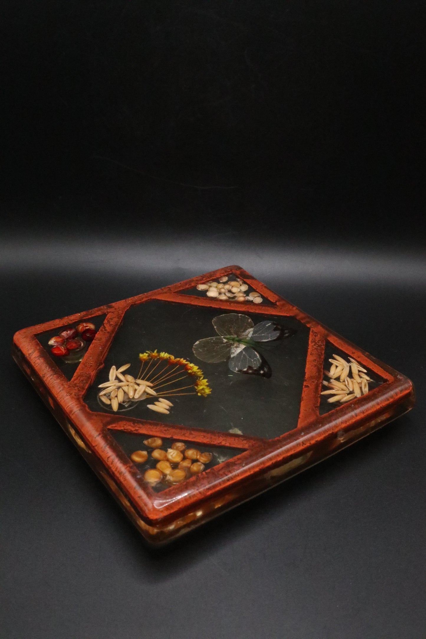 VINTAGE 1970'S LUCITE RESIN TRIVET BUTTERFLY GARDEN POT HOLDER