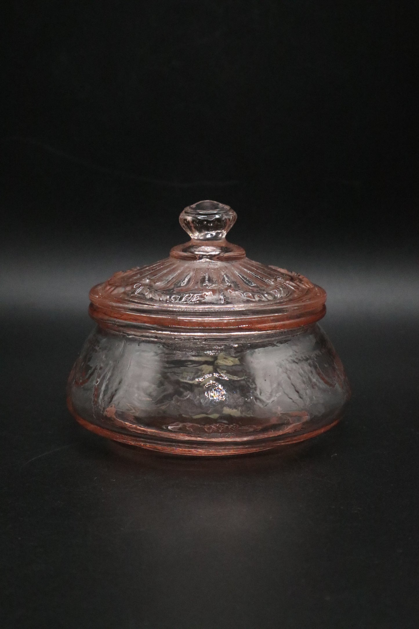 VINTAGE PINK GLASS LIDDED TRINKET JAR W/ BOWDESIGN