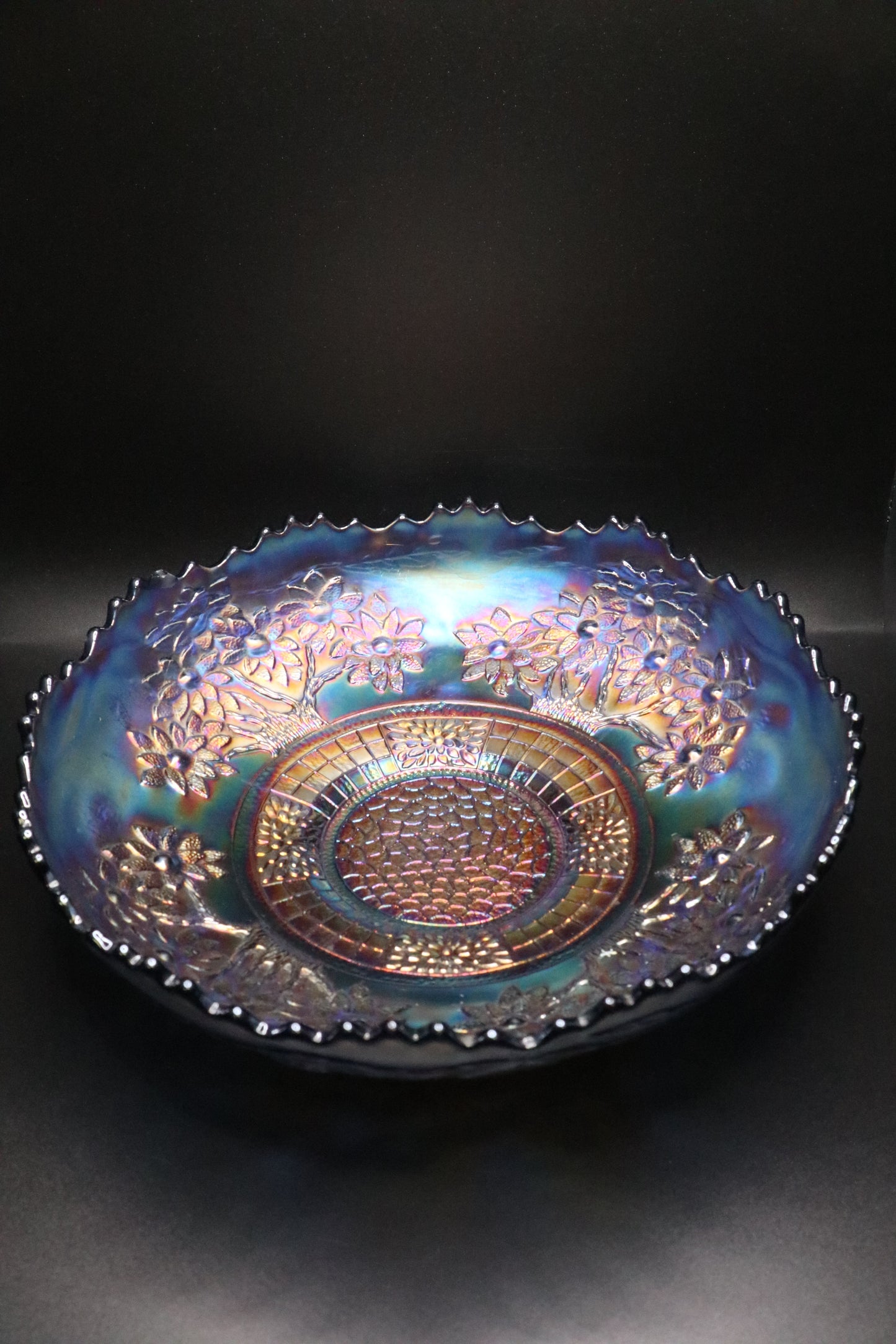 ANTIQUE FENTON BLUE "ORANGE TREE" CARNIVAL GLASS BOWL (AS IS)