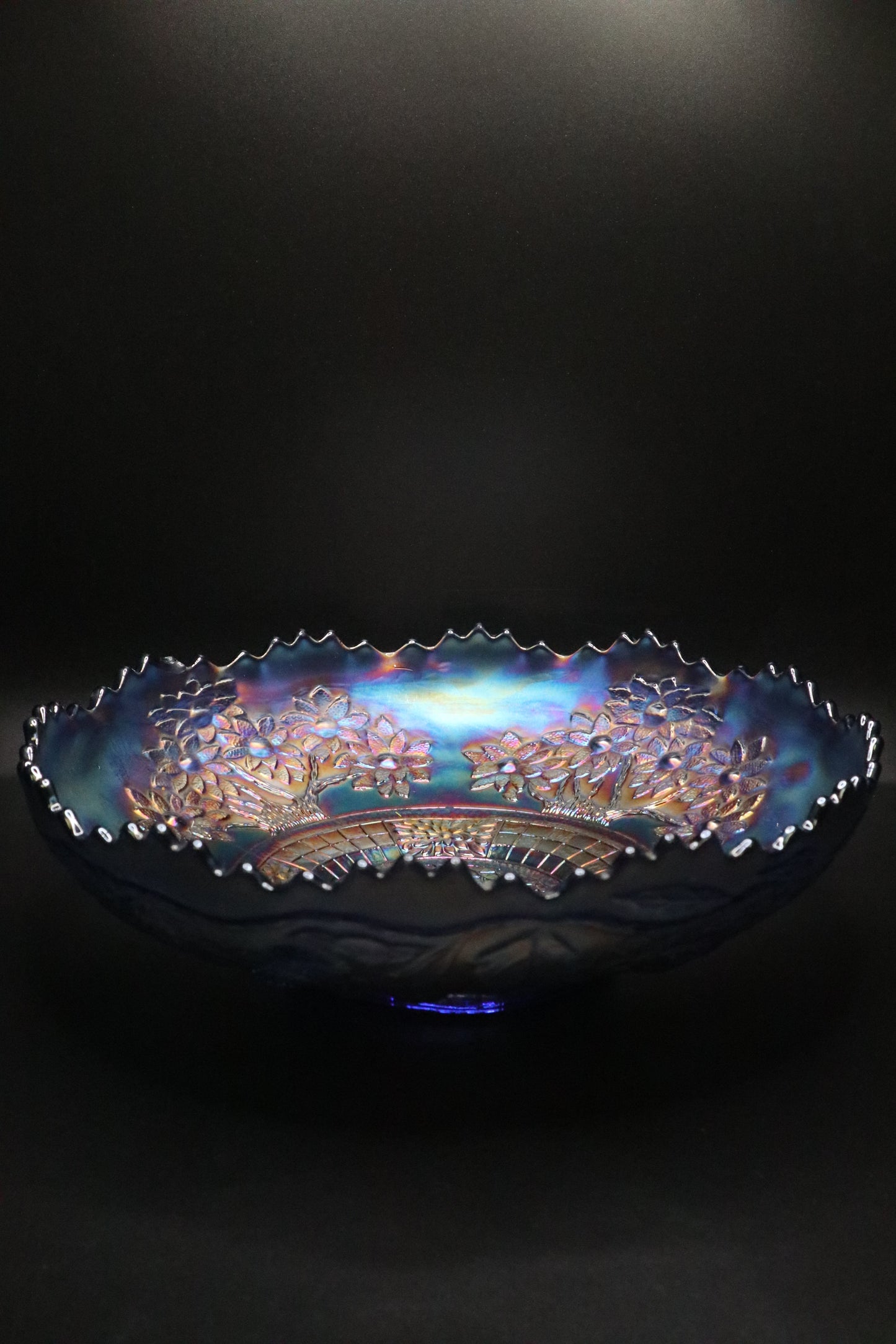 ANTIQUE FENTON BLUE "ORANGE TREE" CARNIVAL GLASS BOWL (AS IS)