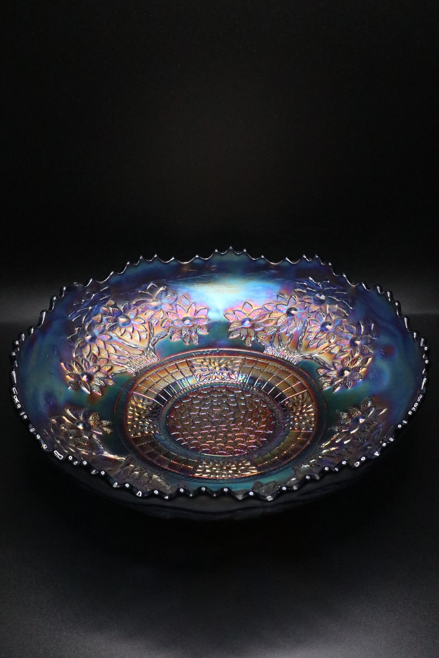 ANTIQUE FENTON BLUE "ORANGE TREE" CARNIVAL GLASS BOWL (AS IS)