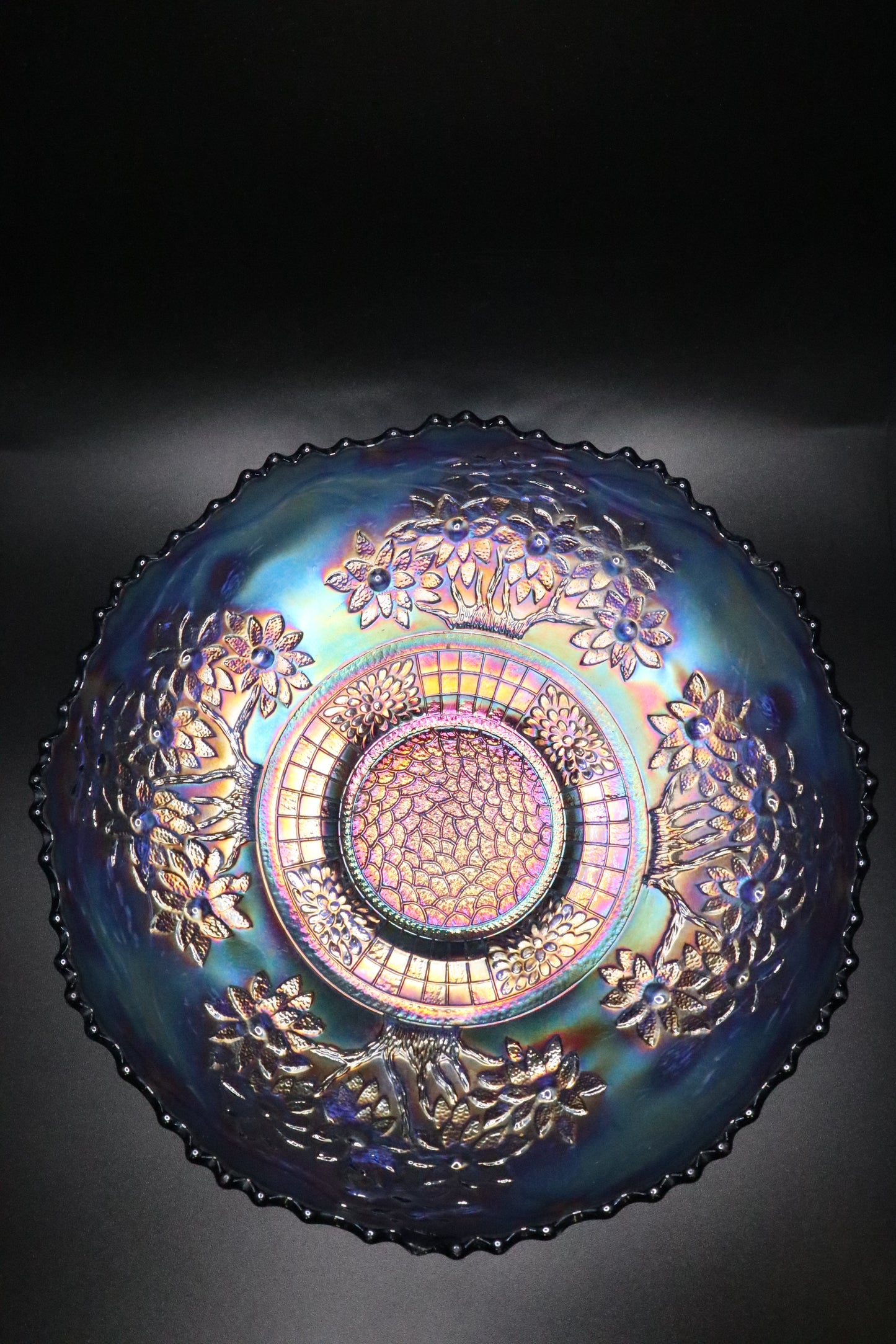 ANTIQUE FENTON BLUE "ORANGE TREE" CARNIVAL GLASS BOWL (AS IS)