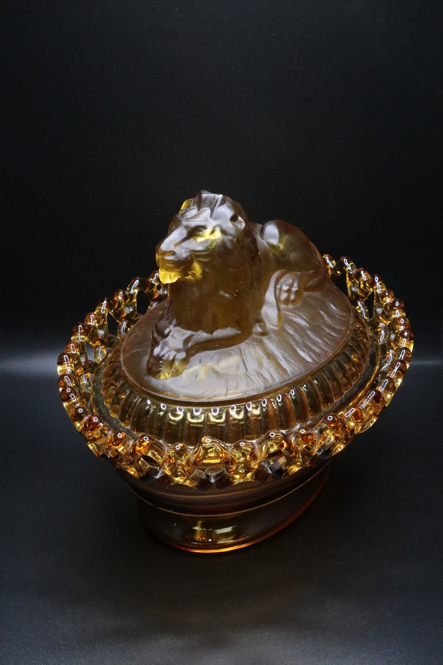 VINTAGE IMPERIAL GLASS AMBER COVERED NESTING LION