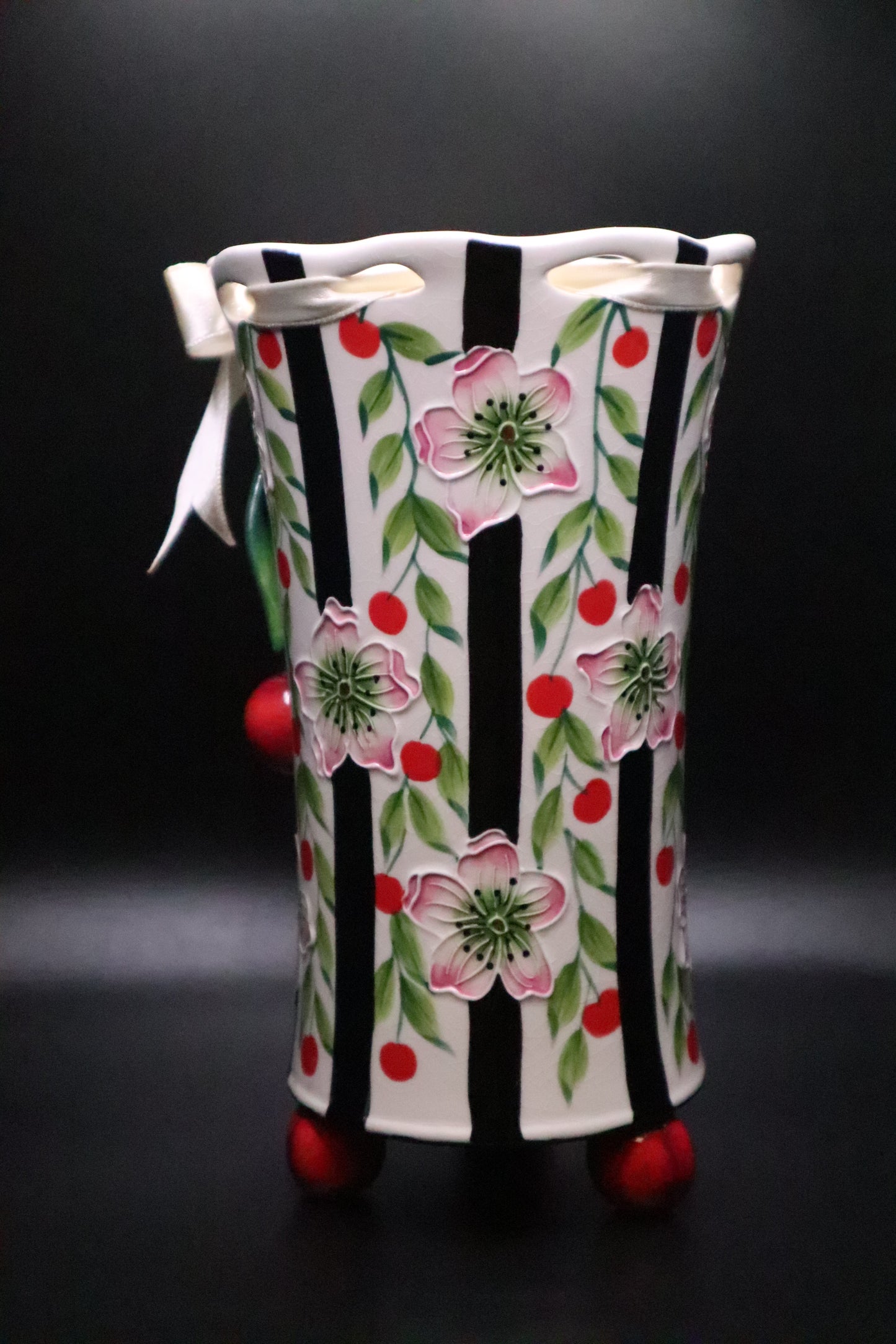 VINTAGE BLUE SKY J. MCCAL DESIGN CHERRY BLOSSOMS CERAMIC VASE