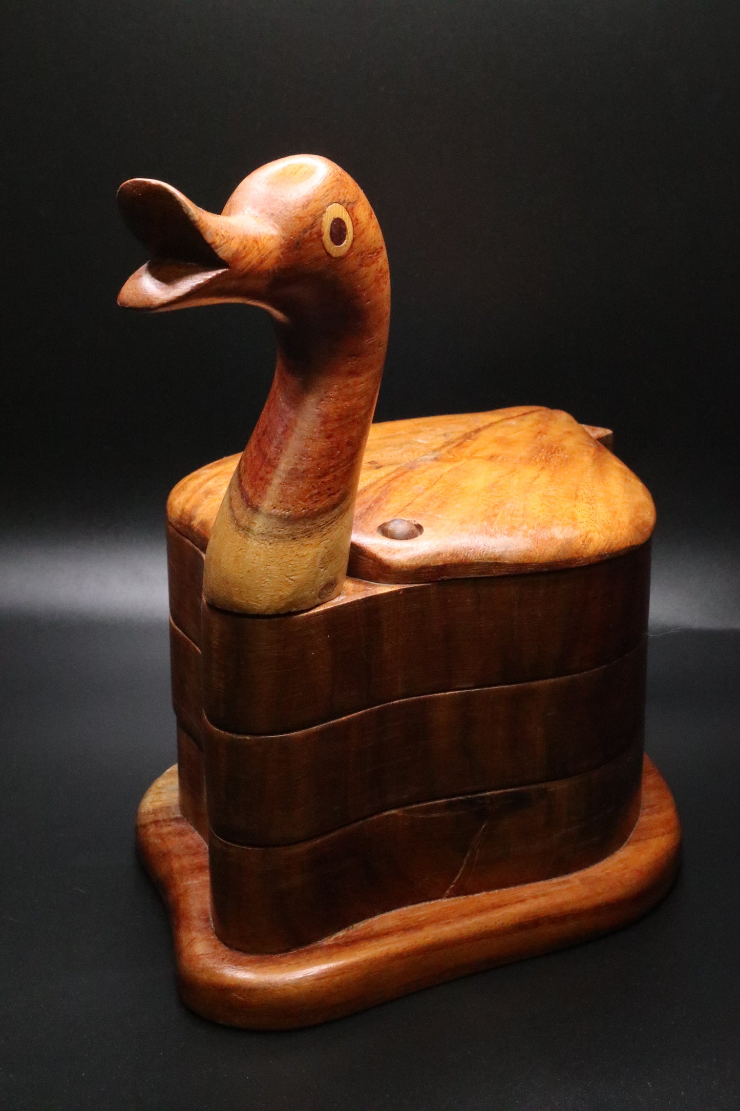VINTAGE HAND CARVED WOODEN DUCK THREE TIER TRINKET