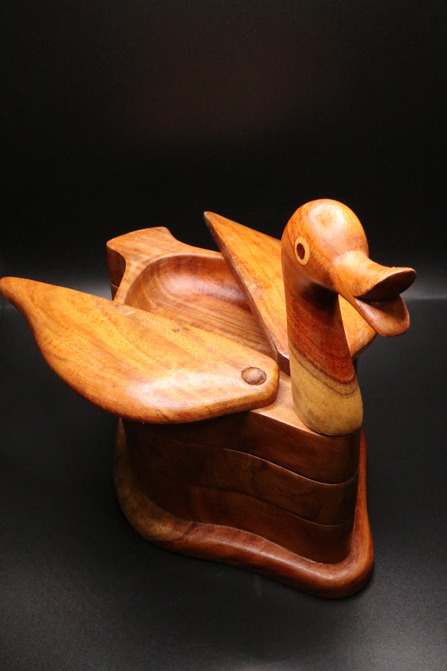 VINTAGE HAND CARVED WOODEN DUCK THREE TIER TRINKET