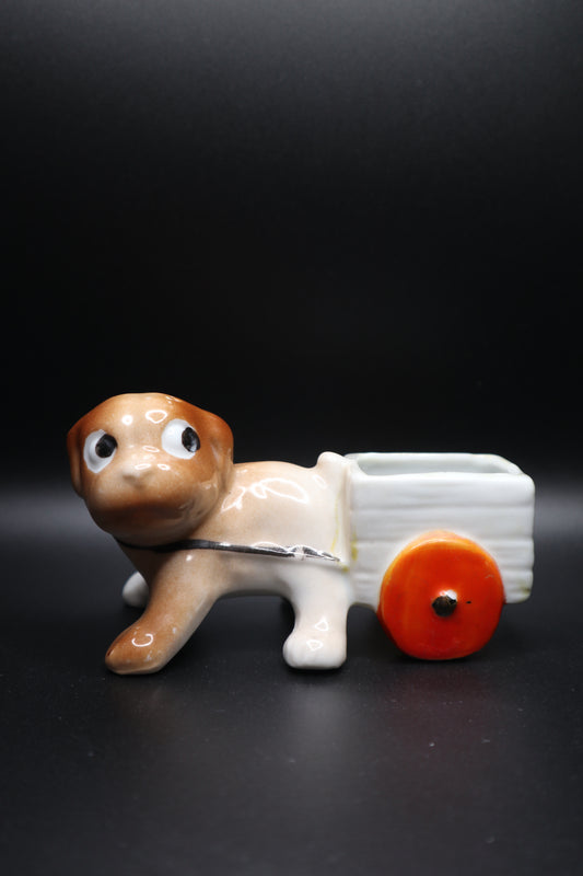 VINTAGE CERAMIC PIN CUSHION DOG PULLING CART