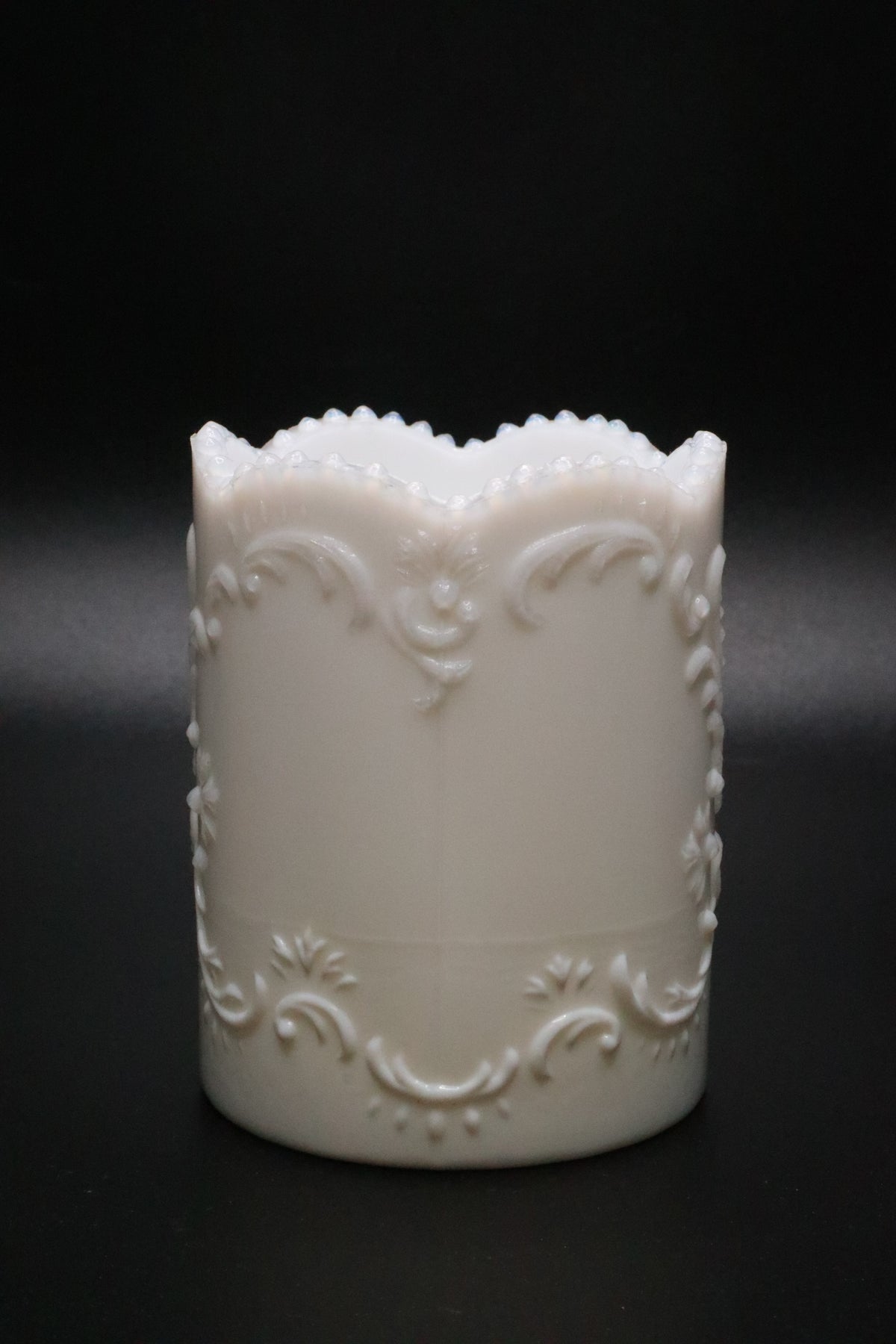 VINTAGE OPALINE MILK GLASS SCROLL DESIGN VASE