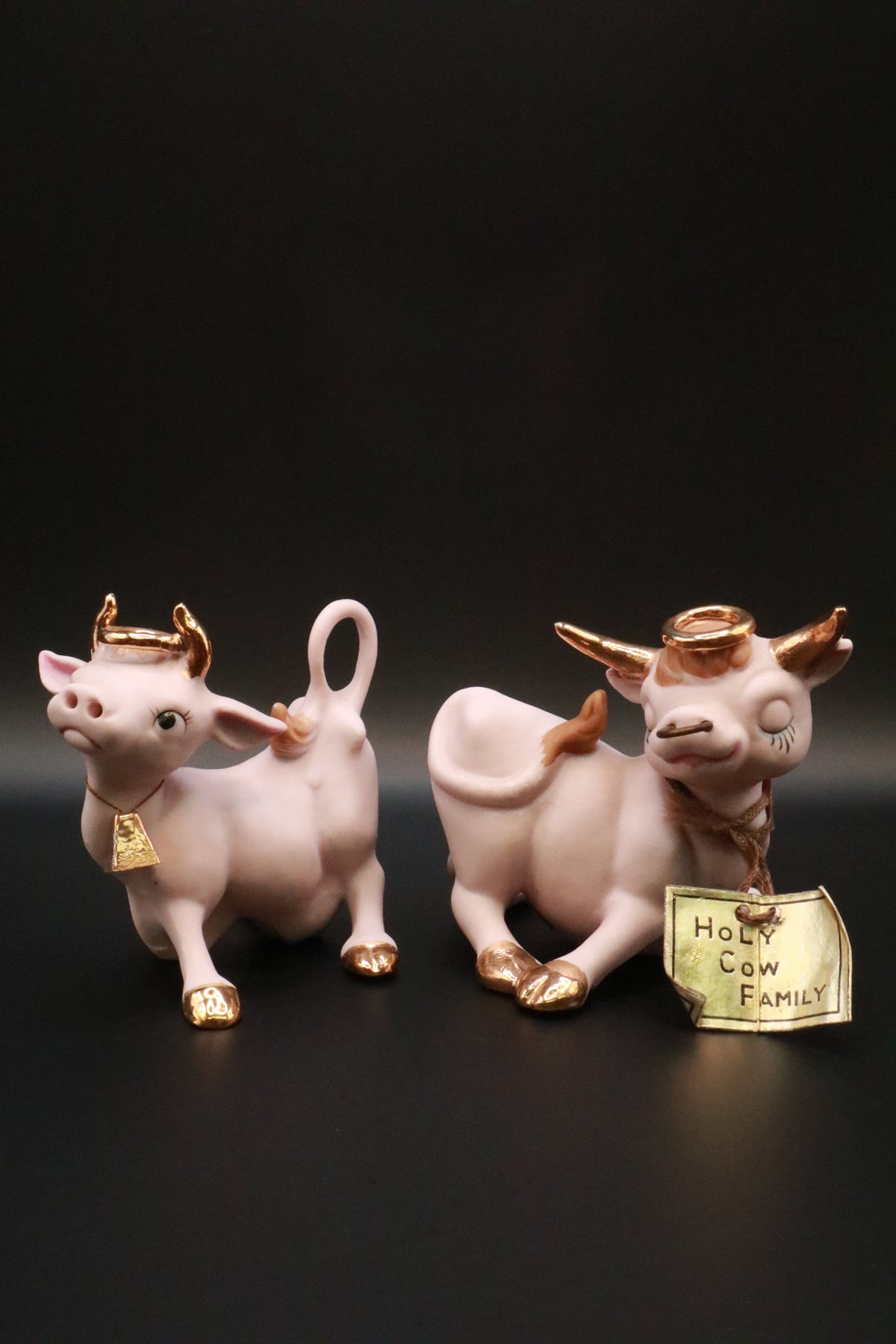 VINTAGE 1950'S NAPCO CERAMICS ANTHROPOMORPHIC HOLY COW FAMILY LONG HORN BULL AND COW BELL COW FIGURINES (SET OF 2)