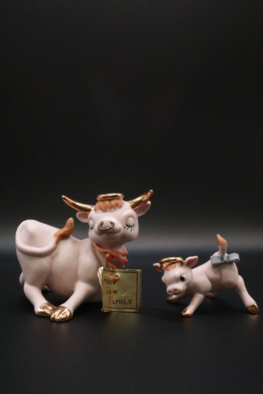 VINTAGE 1950'S NAPCO CERAMICS ANTHROPOMORPHIC HOLY COW FAMILY LONG HORN BULL AND BABY COW FIGURINES (SET OF 2)