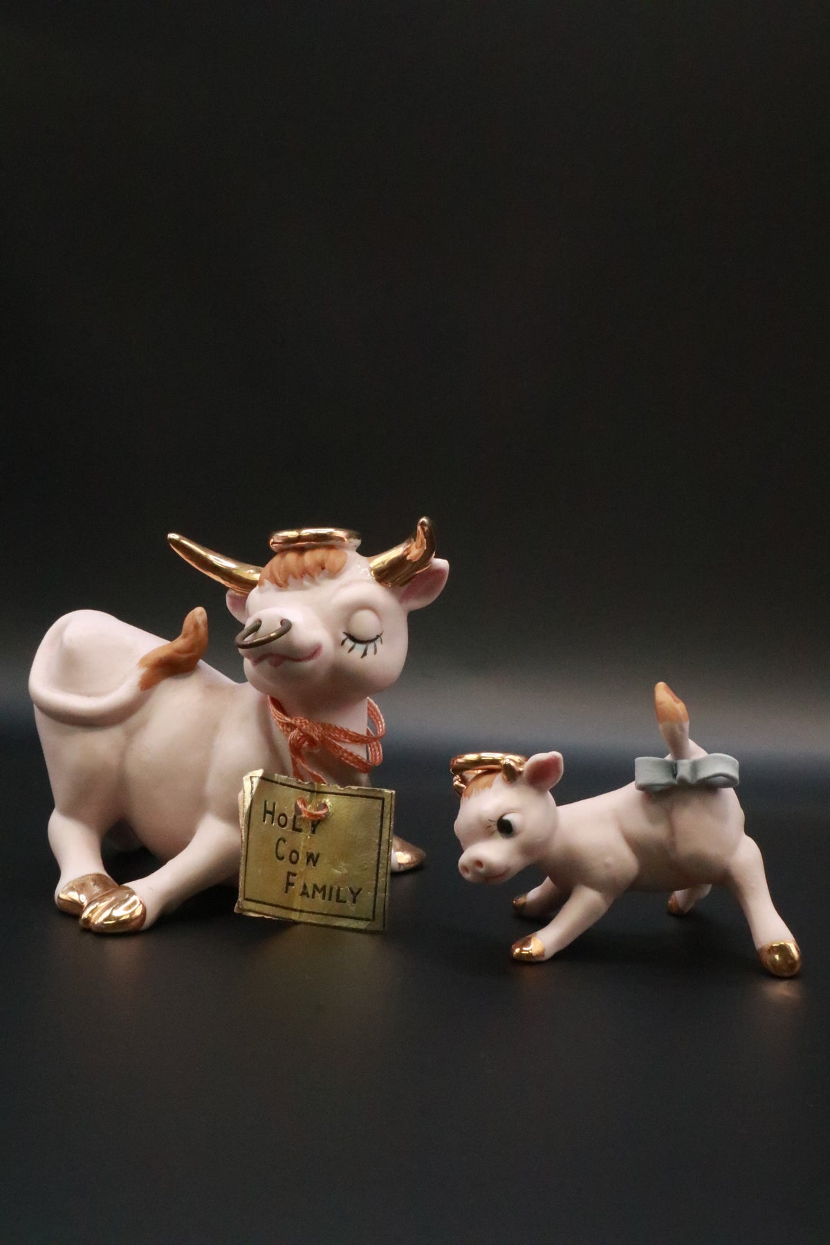 VINTAGE 1950'S NAPCO CERAMICS ANTHROPOMORPHIC HOLY COW FAMILY LONG HORN BULL AND BABY COW FIGURINES (SET OF 2)