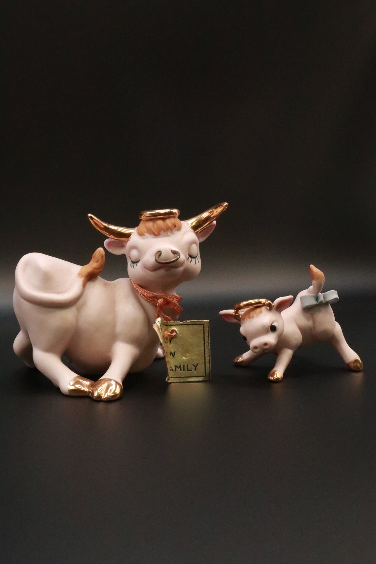 VINTAGE 1950'S NAPCO CERAMICS ANTHROPOMORPHIC HOLY COW FAMILY LONG HORN BULL AND BABY COW FIGURINES (SET OF 2)