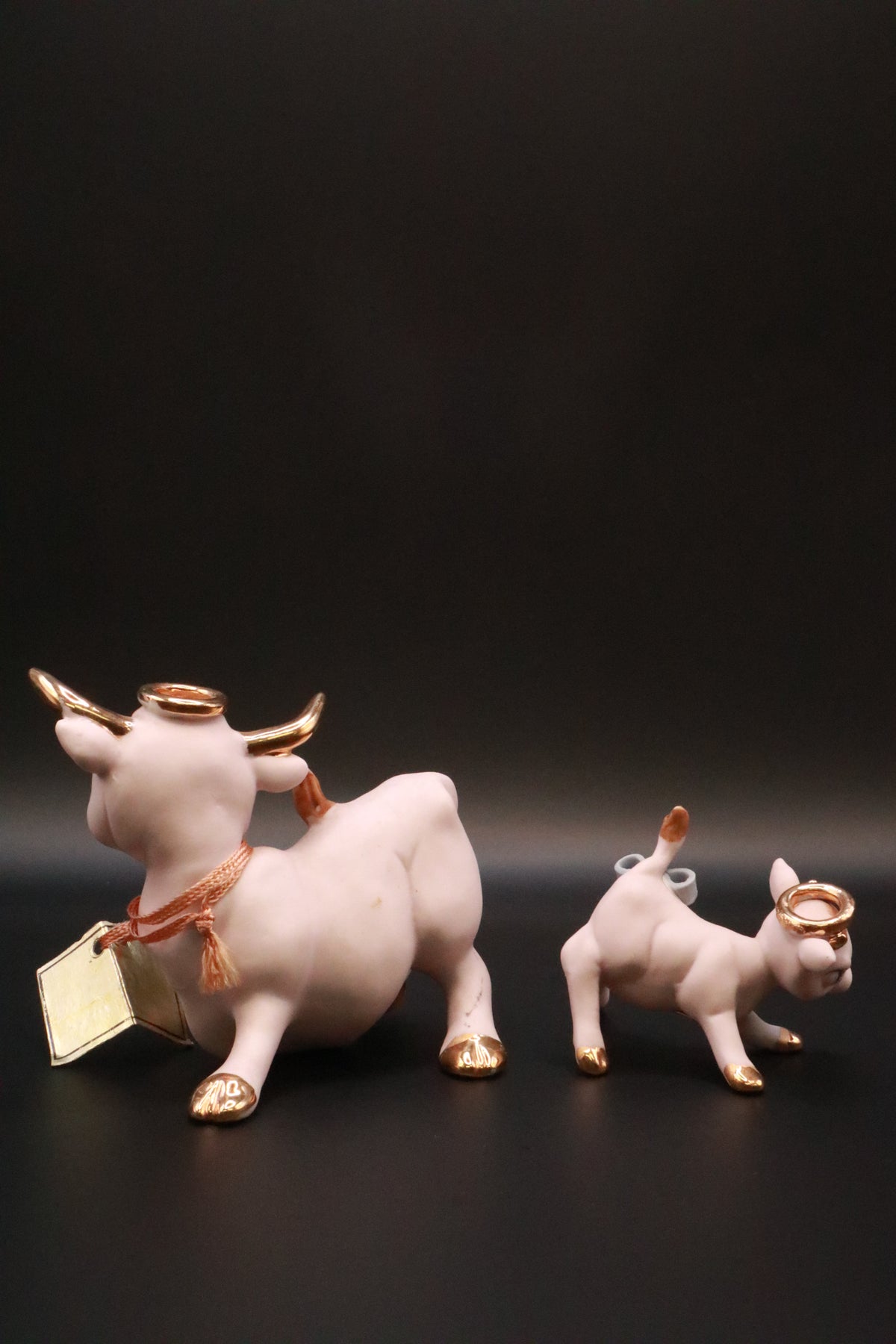 VINTAGE 1950'S NAPCO CERAMICS ANTHROPOMORPHIC HOLY COW FAMILY LONG HORN BULL AND BABY COW FIGURINES (SET OF 2)