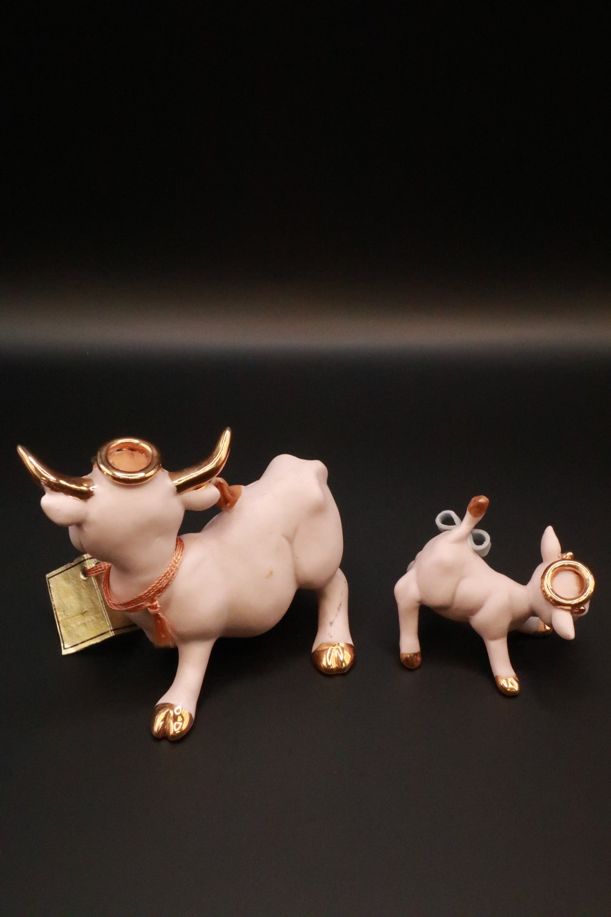 VINTAGE 1950'S NAPCO CERAMICS ANTHROPOMORPHIC HOLY COW FAMILY LONG HORN BULL AND BABY COW FIGURINES (SET OF 2)