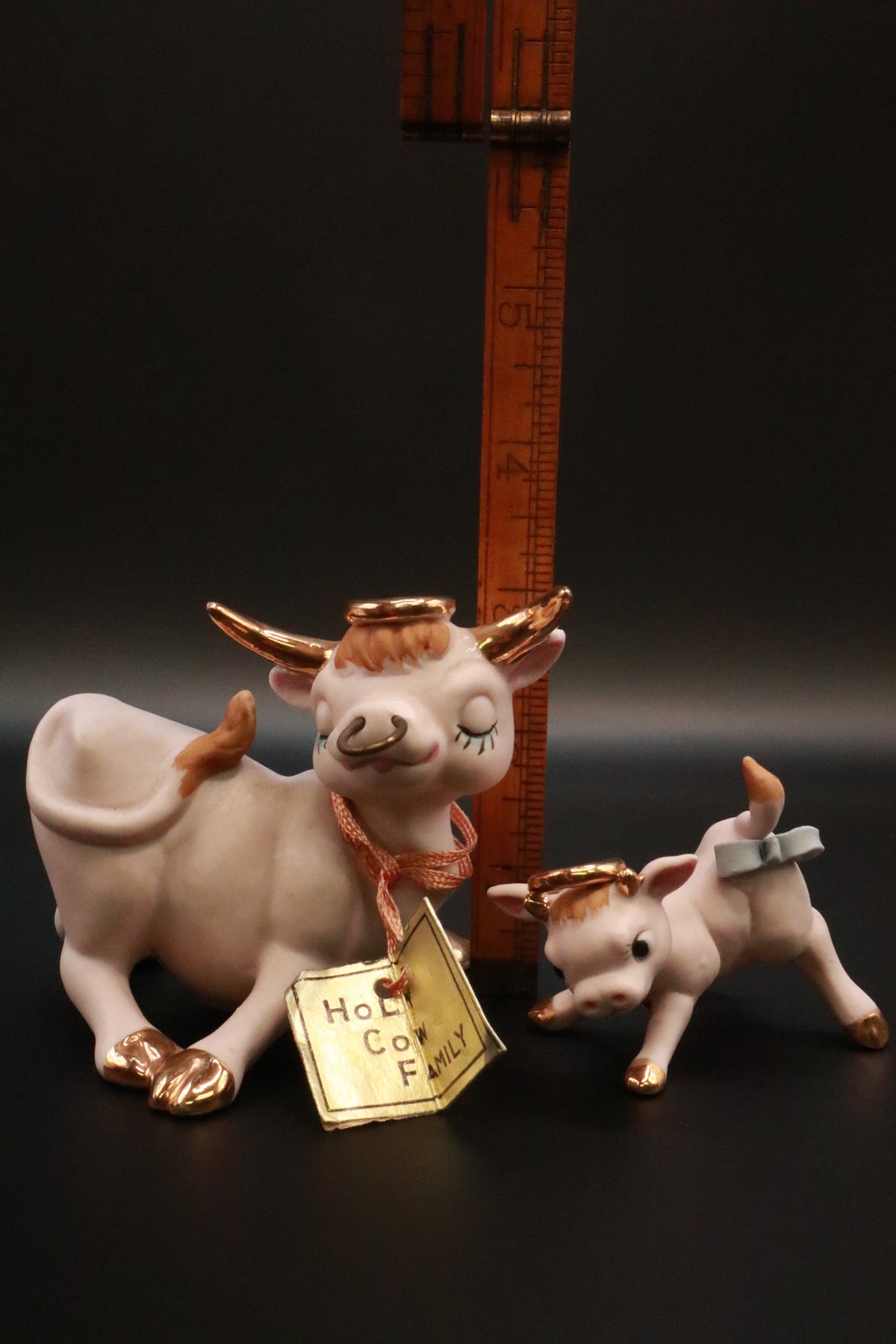 VINTAGE 1950'S NAPCO CERAMICS ANTHROPOMORPHIC HOLY COW FAMILY LONG HORN BULL AND BABY COW FIGURINES (SET OF 2)