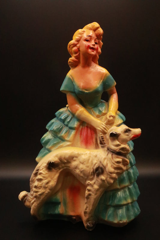 MCM CHALKWARE SOUTHERN BELLE WITH DOG FIGURINE (AS IS)