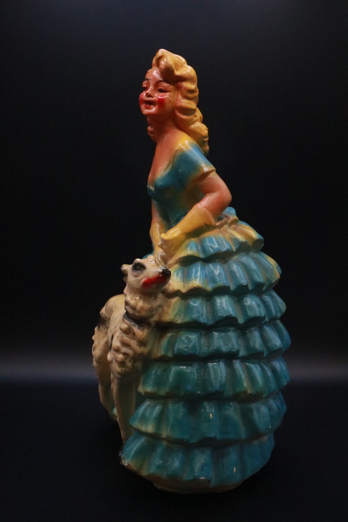 MCM CHALKWARE SOUTHERN BELLE WITH DOG FIGURINE (AS IS)