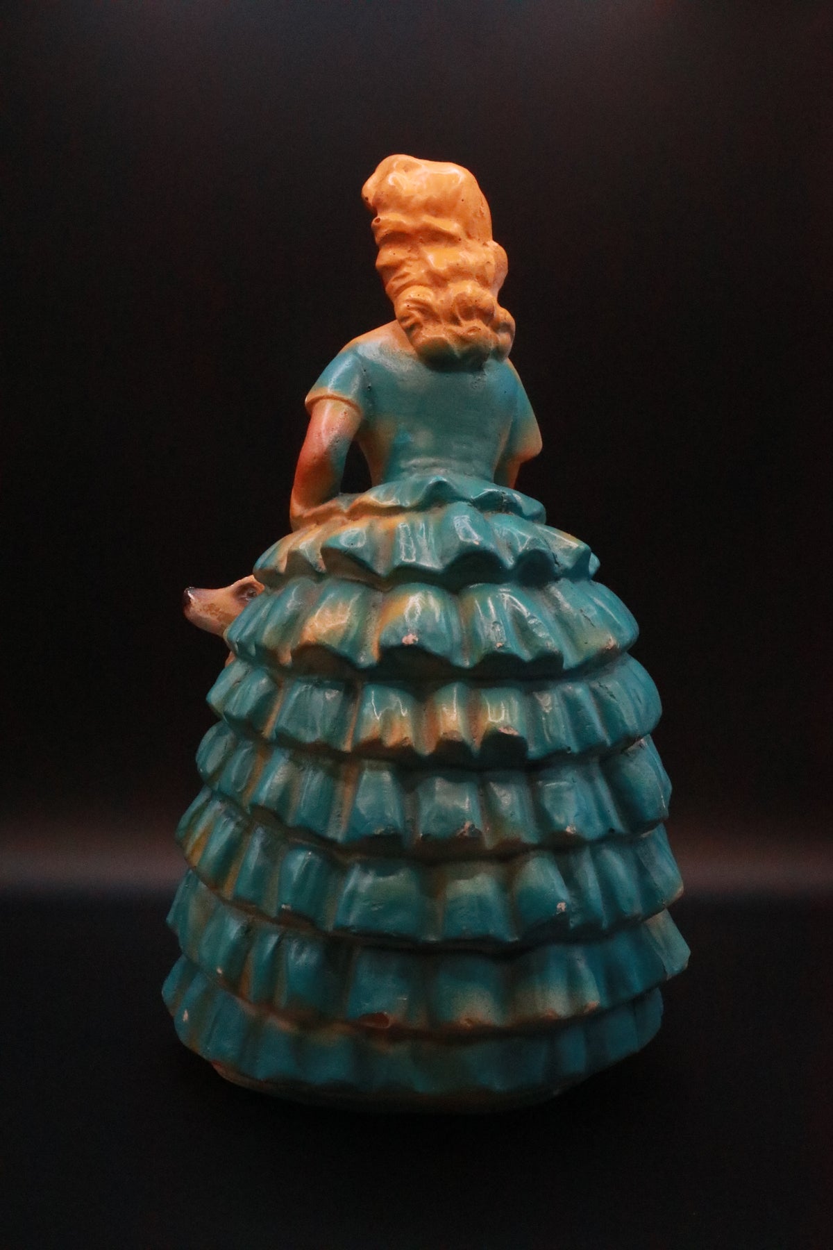 MCM CHALKWARE SOUTHERN BELLE WITH DOG FIGURINE (AS IS)