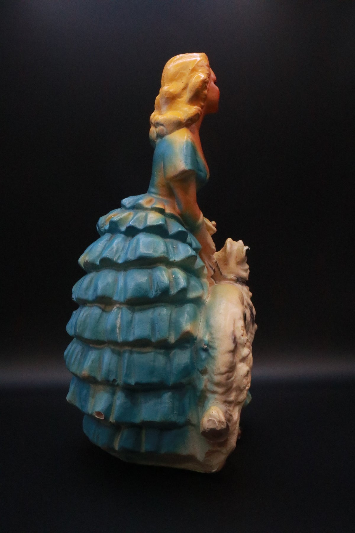 MCM CHALKWARE SOUTHERN BELLE WITH DOG FIGURINE (AS IS)