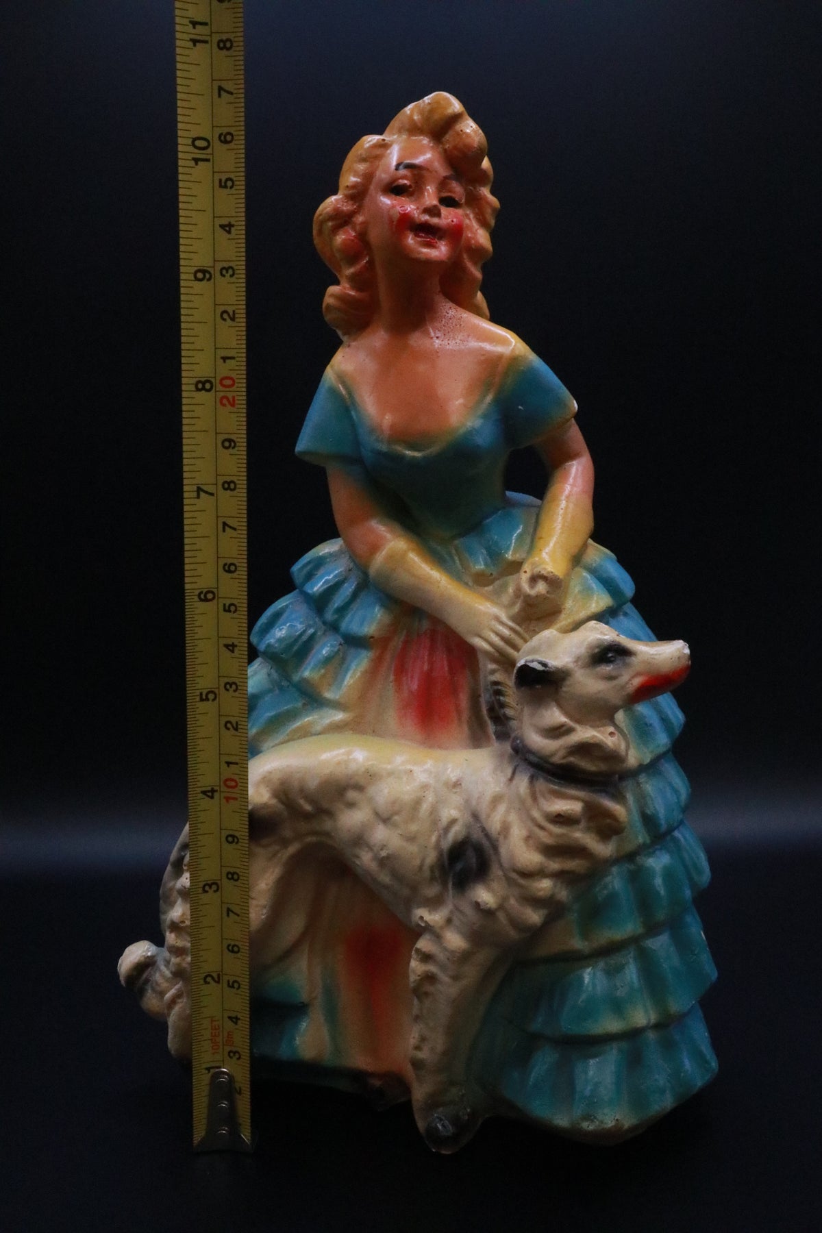 MCM CHALKWARE SOUTHERN BELLE WITH DOG FIGURINE (AS IS)