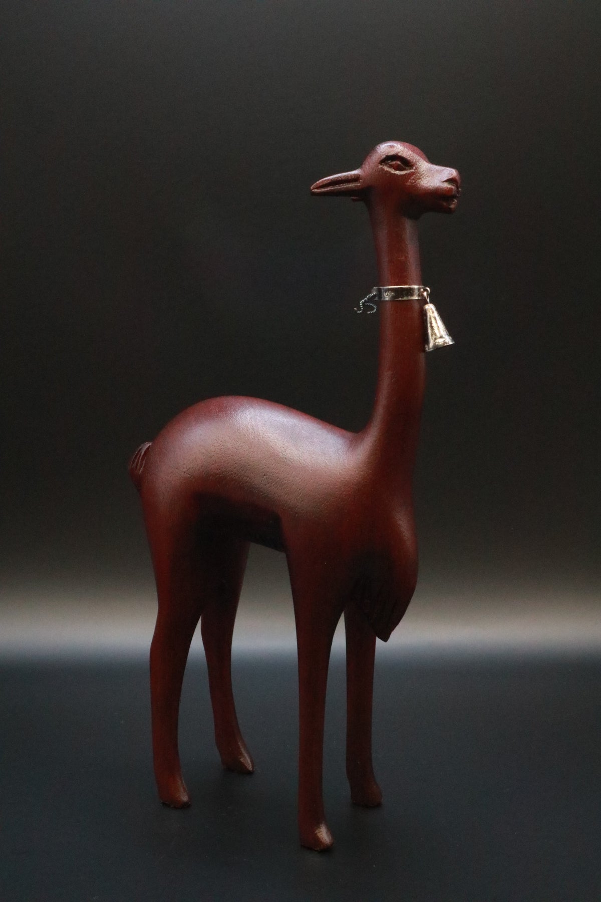 VINTAGE HANDMADE WOODEN ANDEAN VICUñAS 950 STERLING SILVER AND BELL LLAMA FIGURINE