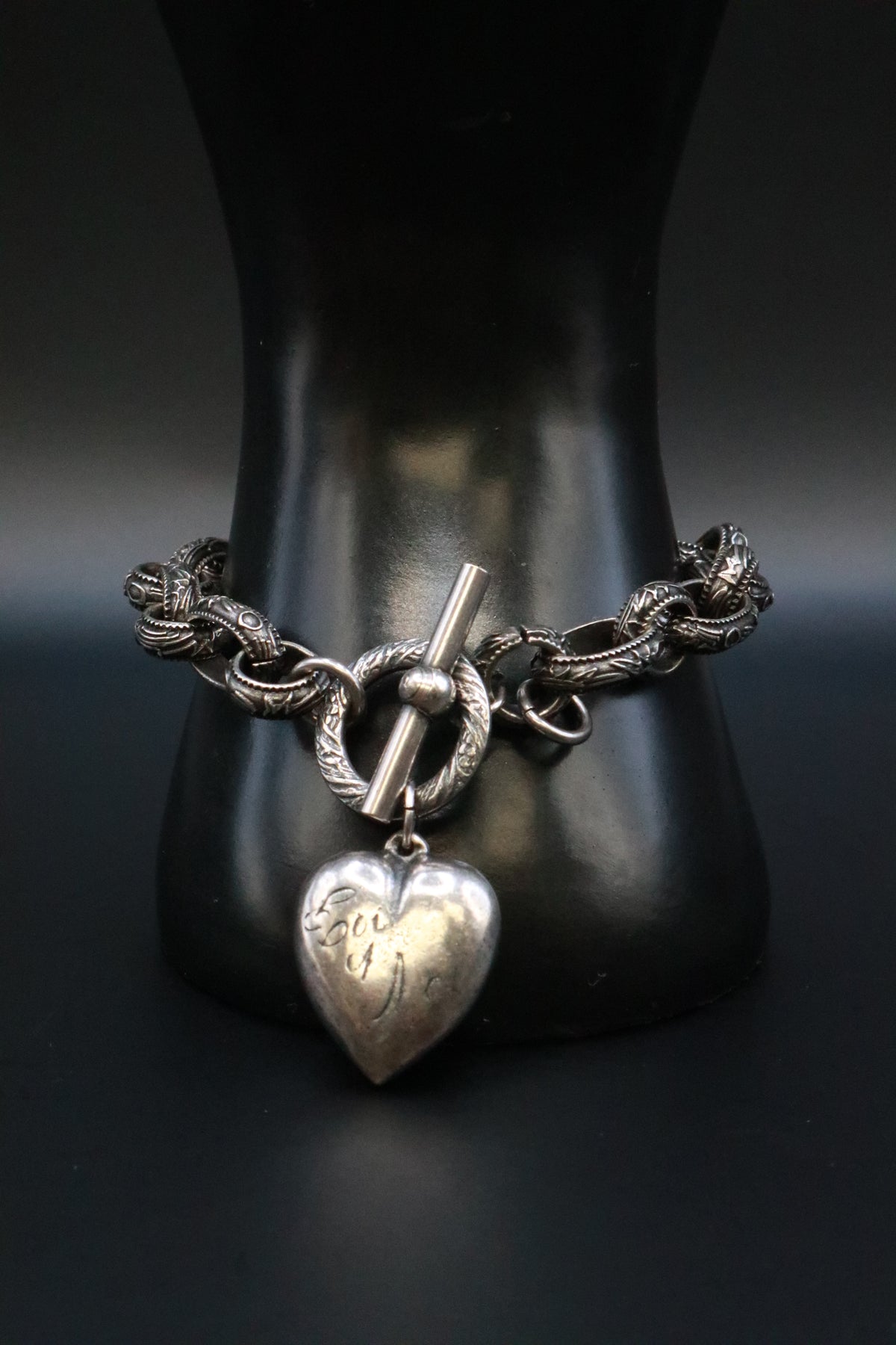 SILVER TONE BRACELET WITH ANTIQUE .999 SILVER SOLID PUFF HEART