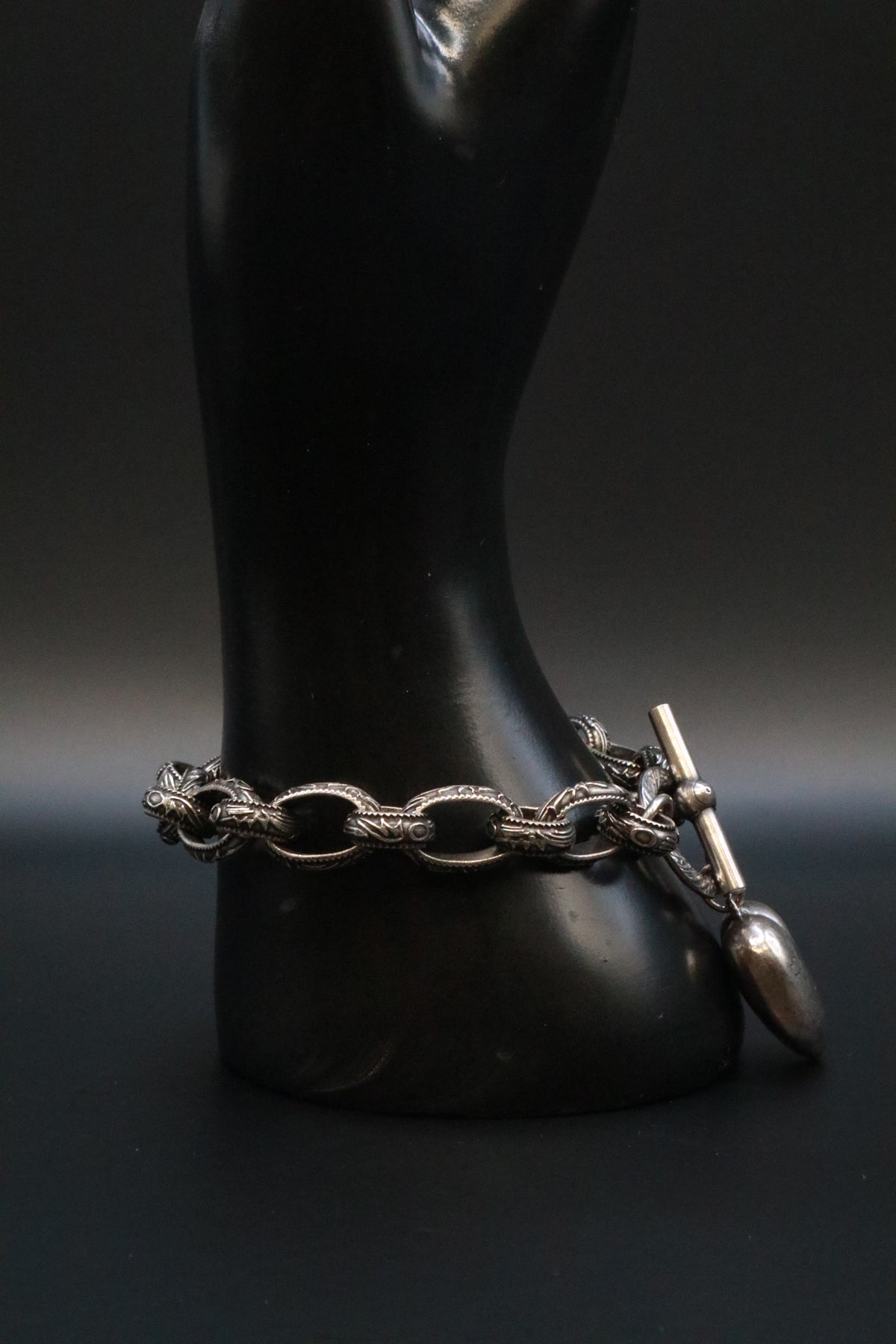 SILVER TONE BRACELET WITH ANTIQUE .999 SILVER SOLID PUFF HEART