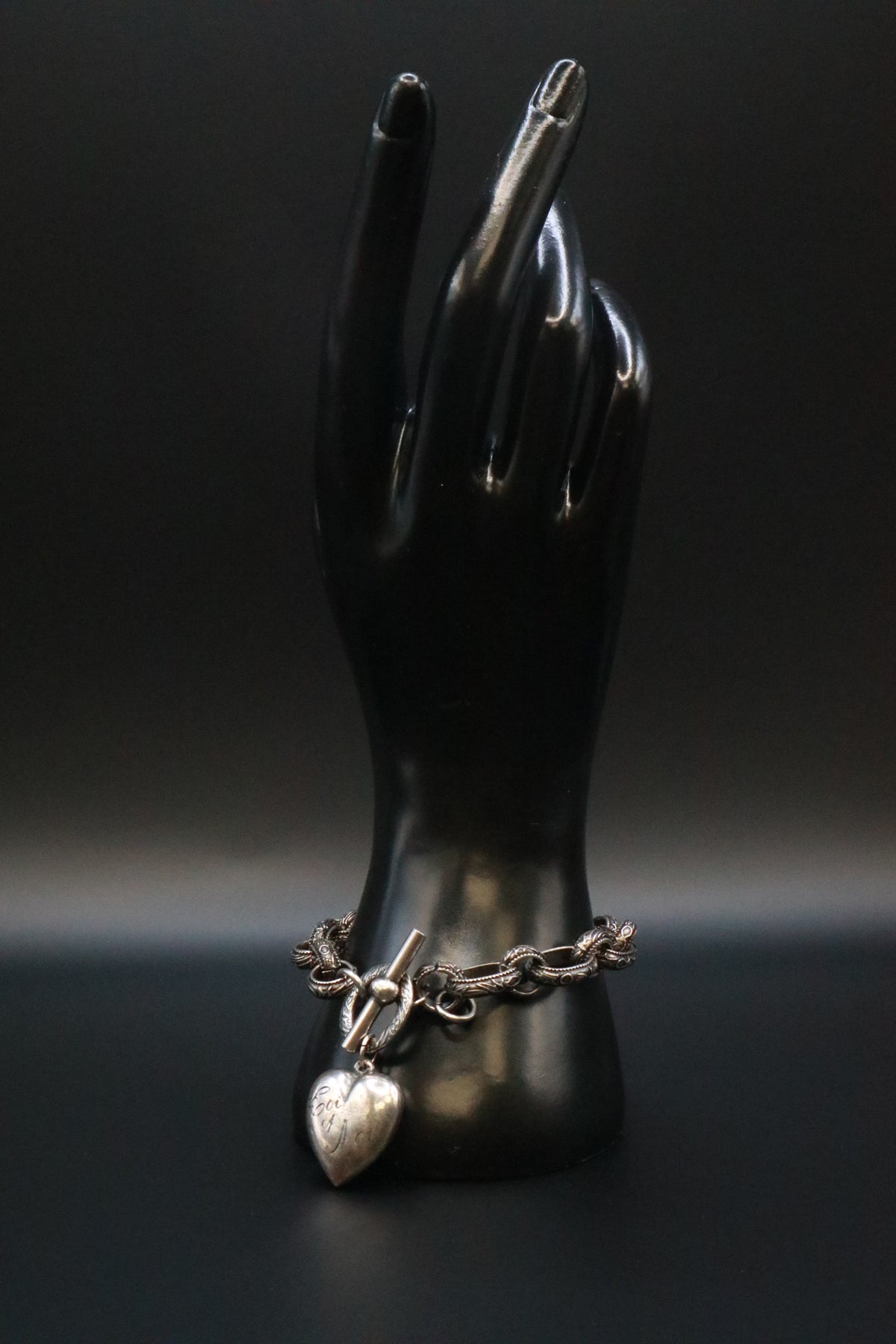 SILVER TONE BRACELET WITH ANTIQUE .999 SILVER SOLID PUFF HEART