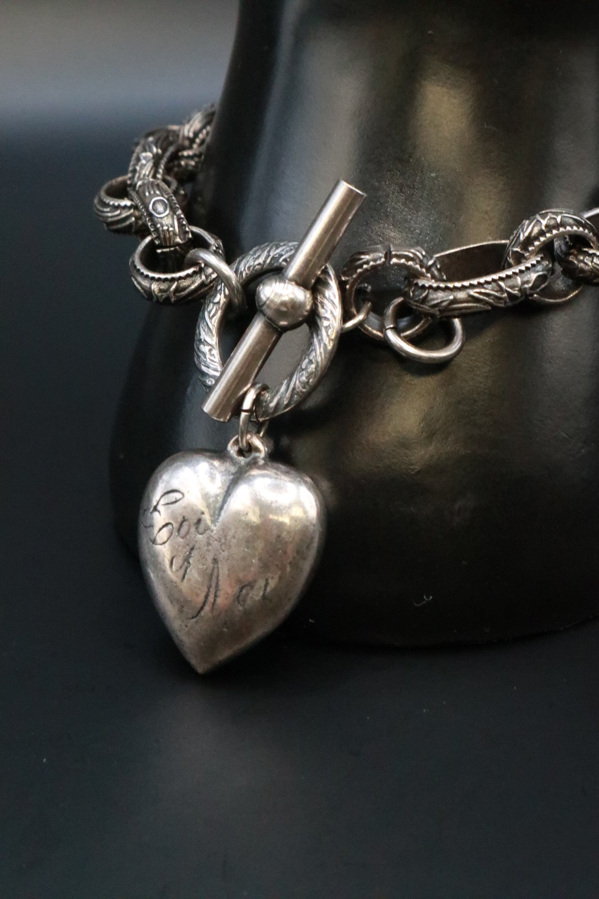 SILVER TONE BRACELET WITH ANTIQUE .999 SILVER SOLID PUFF HEART