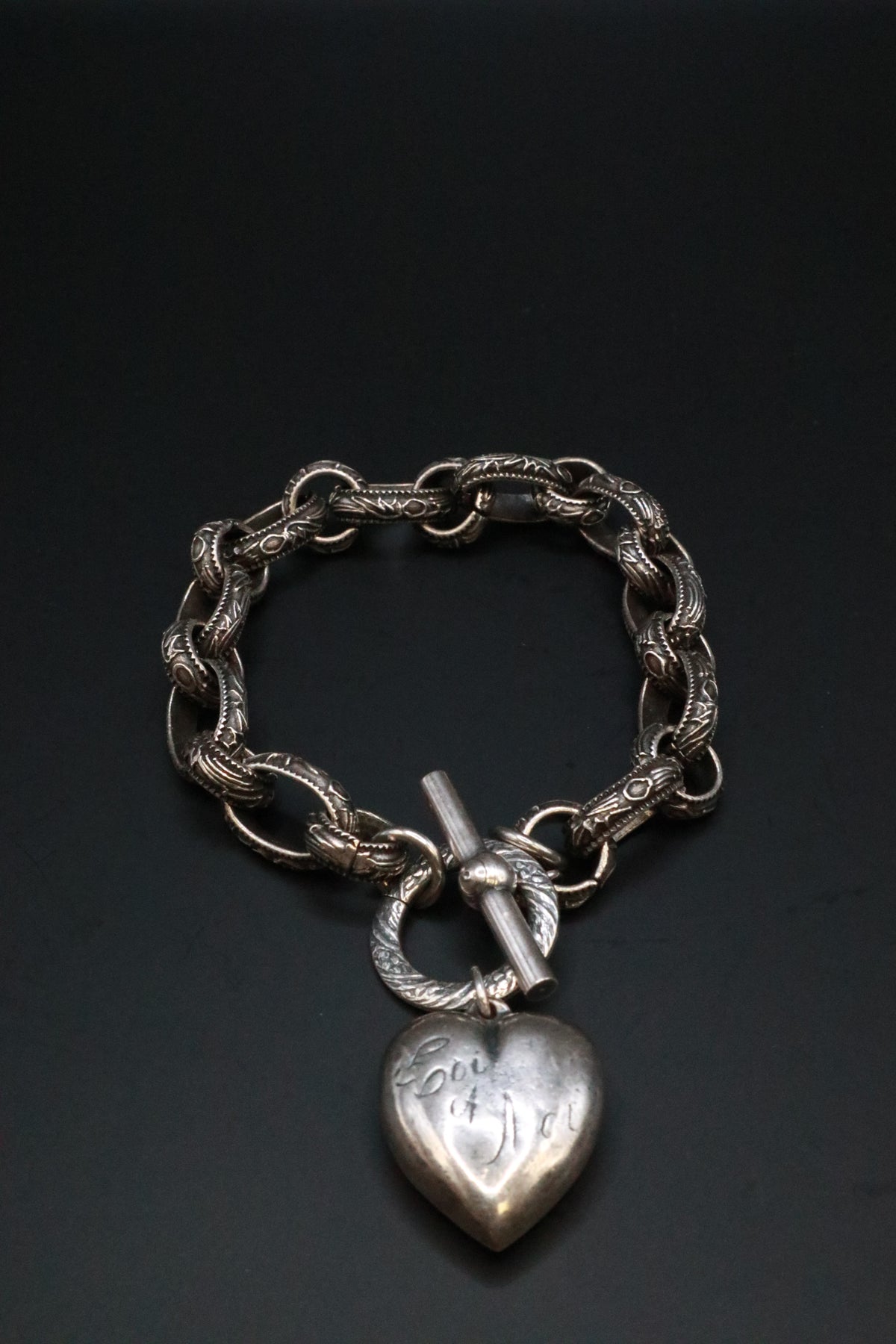 SILVER TONE BRACELET WITH ANTIQUE .999 SILVER SOLID PUFF HEART