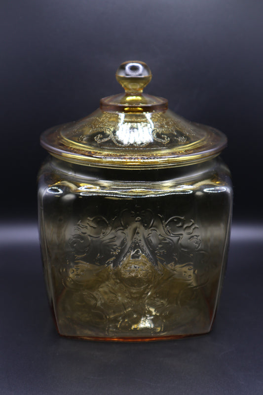 VINTAGE FEDERAL GLASS MADRID AMBER COOKIE JAR & LID