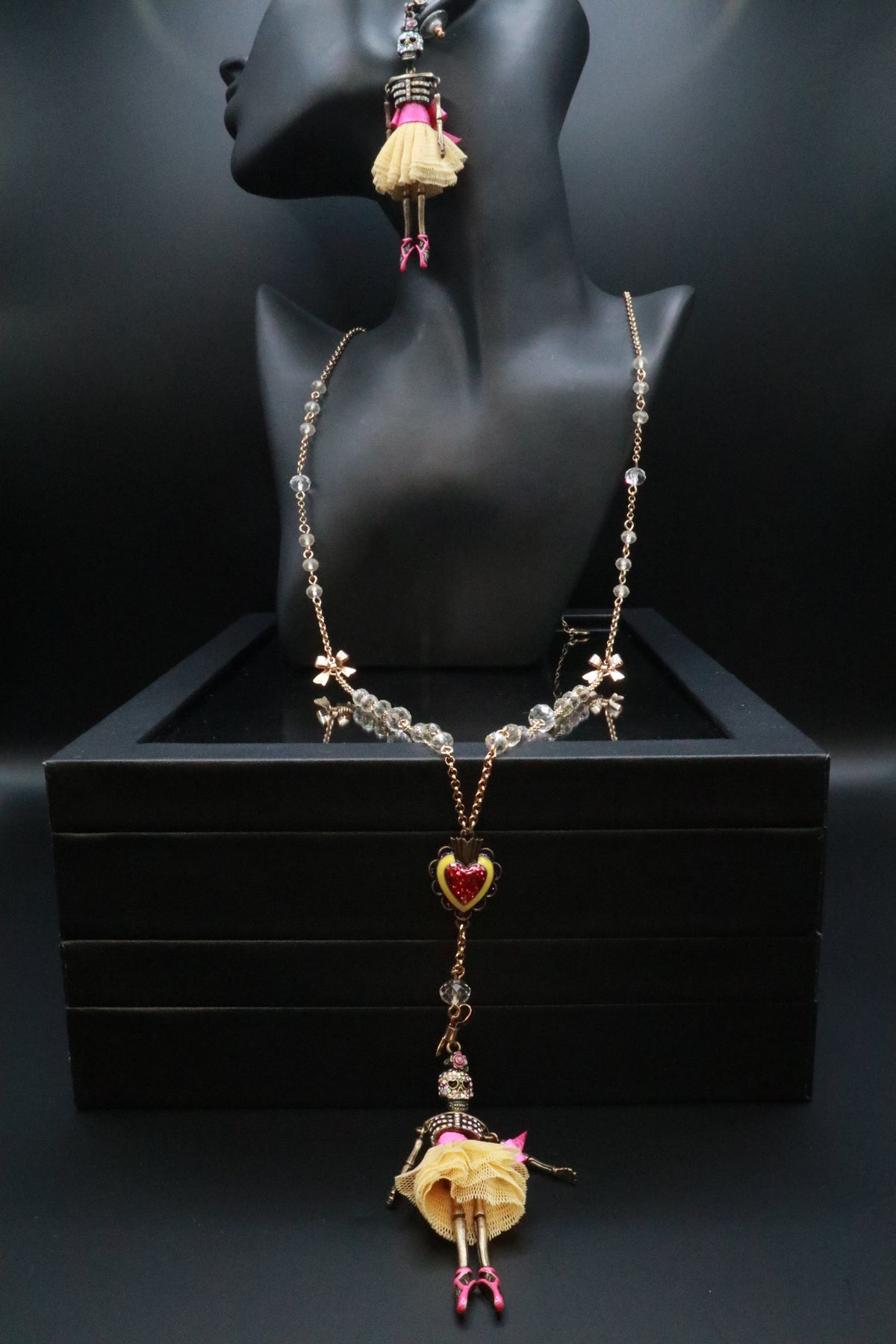 VINTAGE BETSEY JOHNSON SKELETON SKULL EARRINGS AND NECKLACE SET