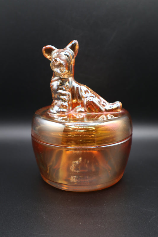 VINTAGE JEANNETTE MARIGOLD CARNIVAL GLASS TERRIER SCOTTY DOG COVERED DISH