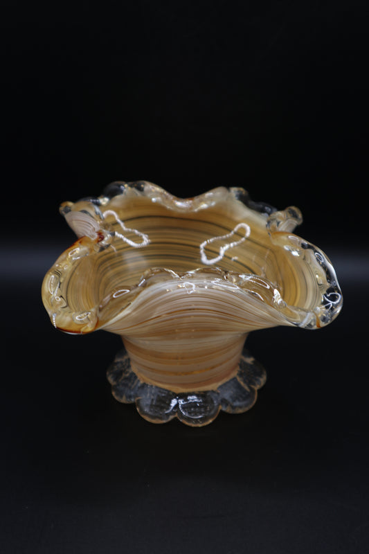 VINTAGE MURANO VENETIAN ART GLASS RUFFLED FOOTED DISH GOLD AND WHITE SWIRL W/ GOLD FLECKS