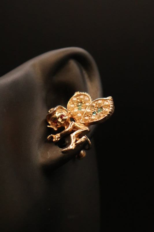 VINTAGE SCREWBALL PIXIE GOLD TONE EARRINGS WITH TEAL STONES AND PEARLS
