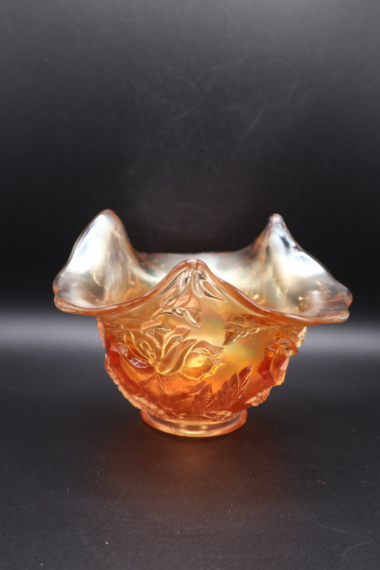 DUGAN WREATH OF ROSES MARIGOLD CARNIVAL GLASS BOWL