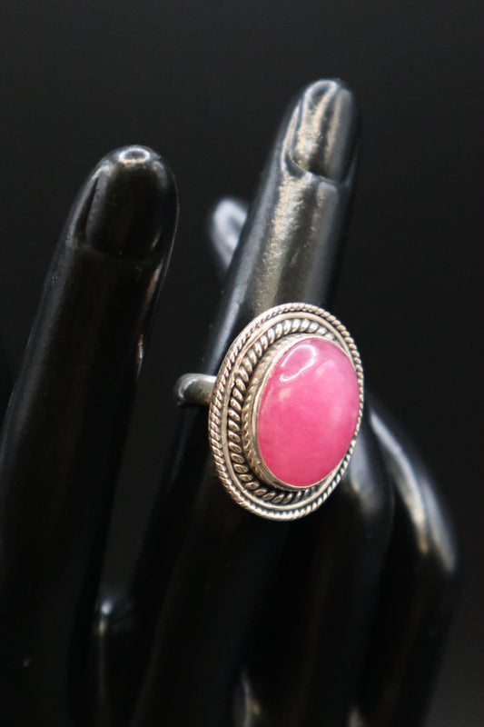 925 OVAL PINK CABOCHON STONE BRAIDED ROPE TWIST BORDER RING SIZE 6