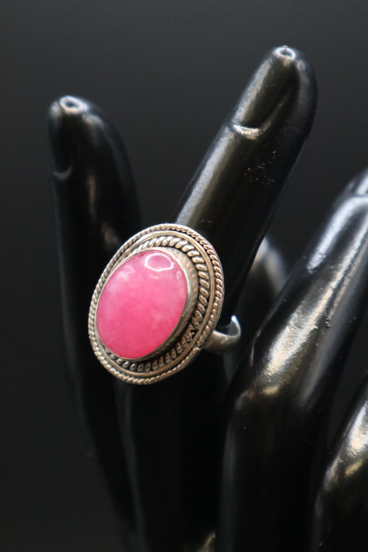 925 OVAL PINK CABOCHON STONE BRAIDED ROPE TWIST BORDER RING SIZE 6