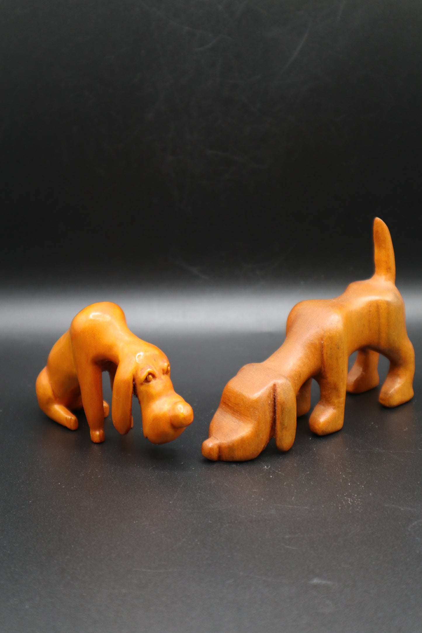 MCM HAND CARVED WOODEN PAIR OF HOUND DOGS
