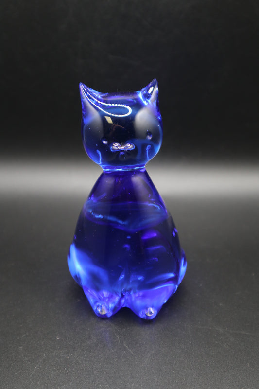 VINTAGE HAND BLOWN COBALT BLUE ART GLASS CAT