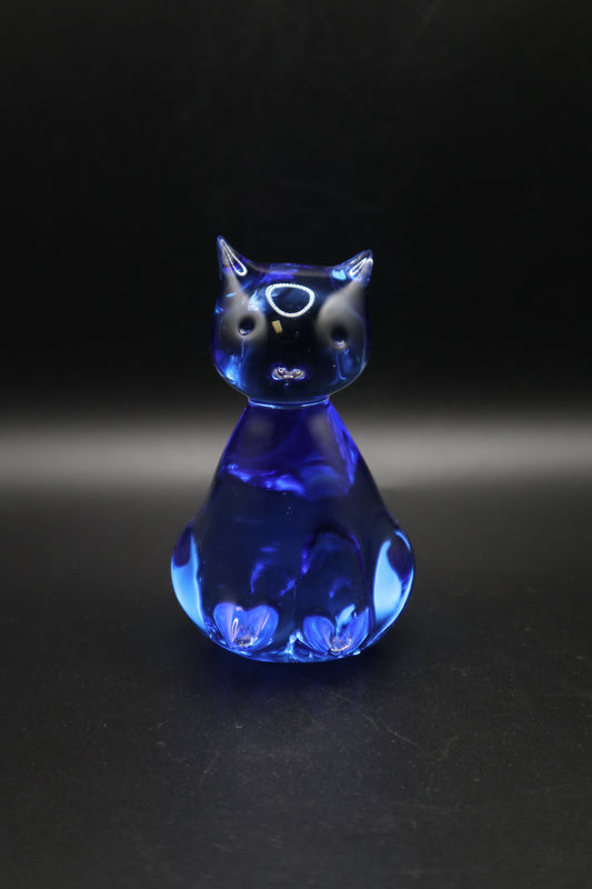 VINTAGE HAND BLOWN COBALT BLUE ART GLASS SMALL CAT
