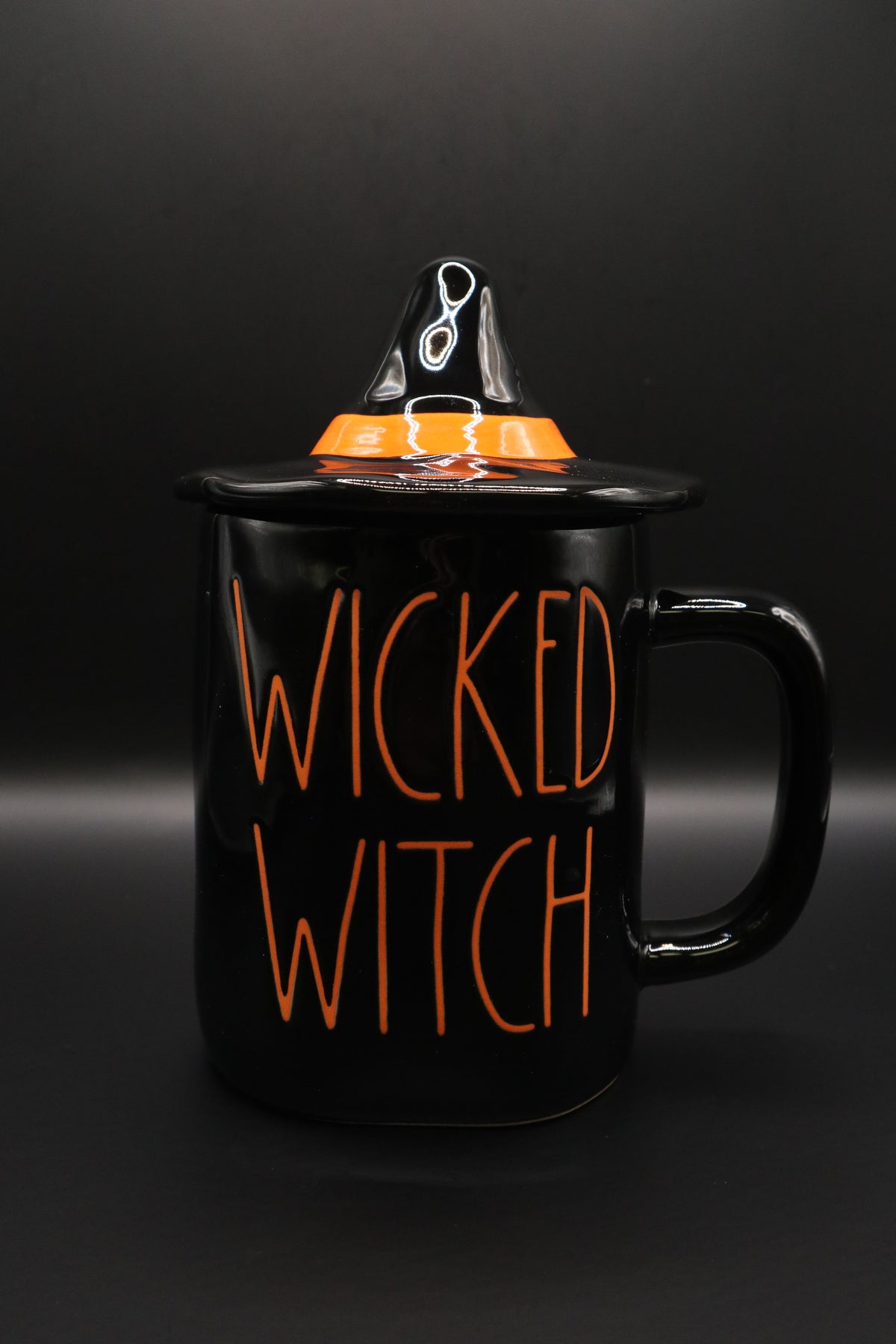 RAE DUNN HALLOWEEN "WICKED WITCH" BLACK MUG WITH WITCH HAT TOPPER