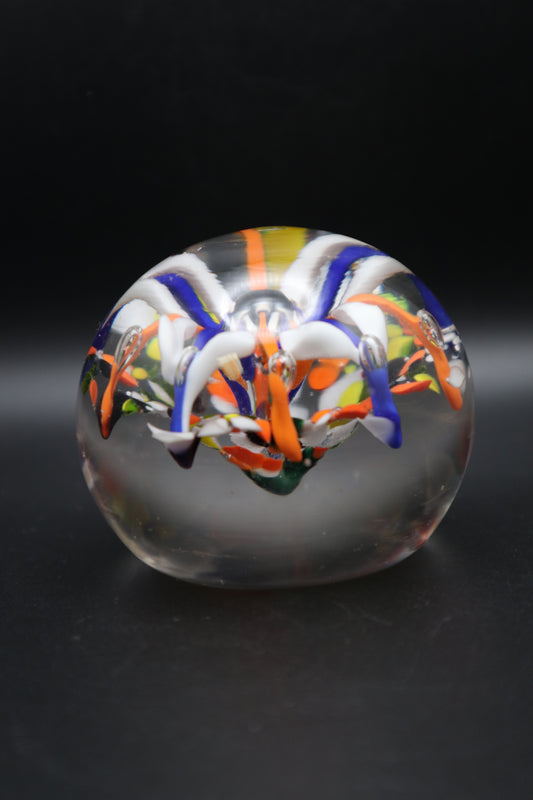 MURANO STYLE HAND BLOWN ORANGE BLUE & WHITE PAPERWEIGHT