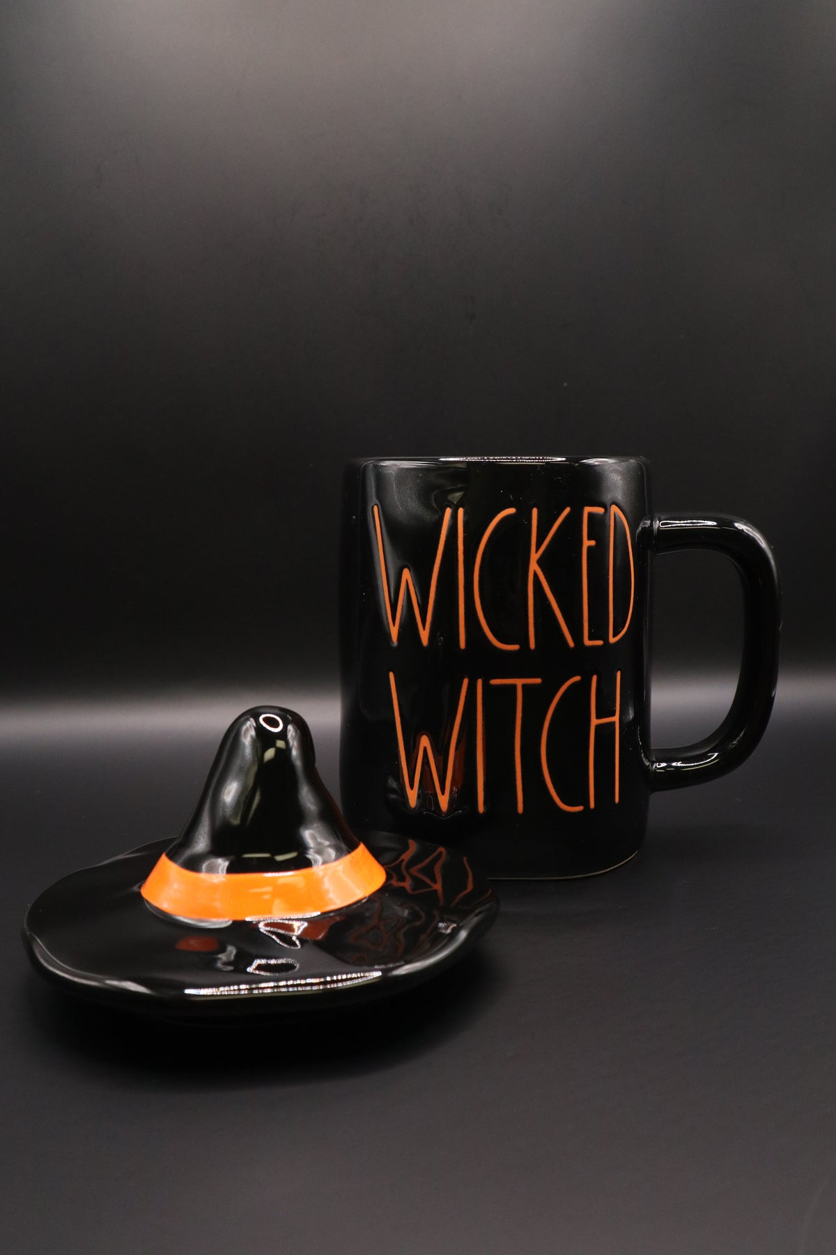 RAE DUNN HALLOWEEN "WICKED WITCH" BLACK MUG WITH WITCH HAT TOPPER