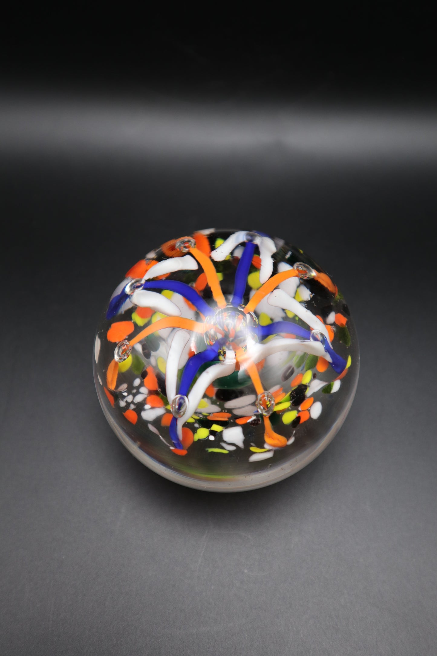 MURANO STYLE HAND BLOWN ORANGE BLUE & WHITE PAPERWEIGHT