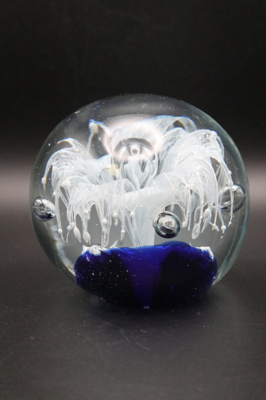 VINTAGE ART GLASS COBALT BLUE WITH WHITE FLOWER PAPERWEIGHT